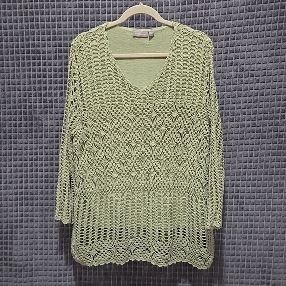Y2K Green Crochet Sweater Top Sz2X Open Knit Boho Fairy Cottage Coastal Grandma - Picture 4 of 16